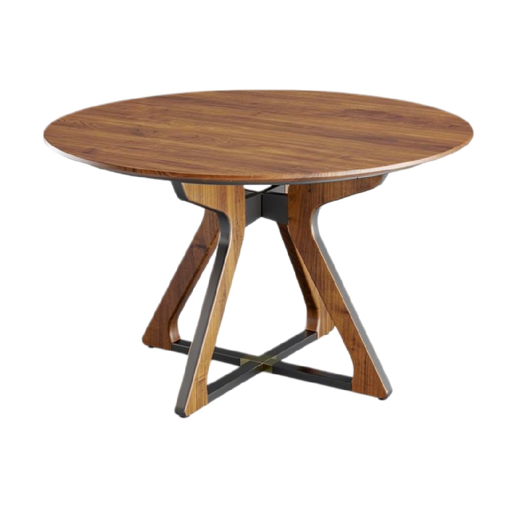 Ronde houten eettafel met metalen onderstel