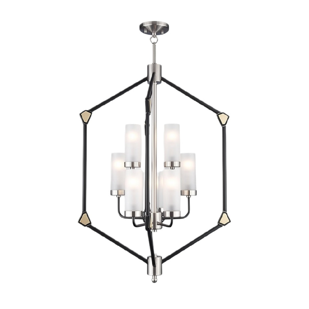Moderne hanglamp met hexagonale vorm en glazen lampenkappen